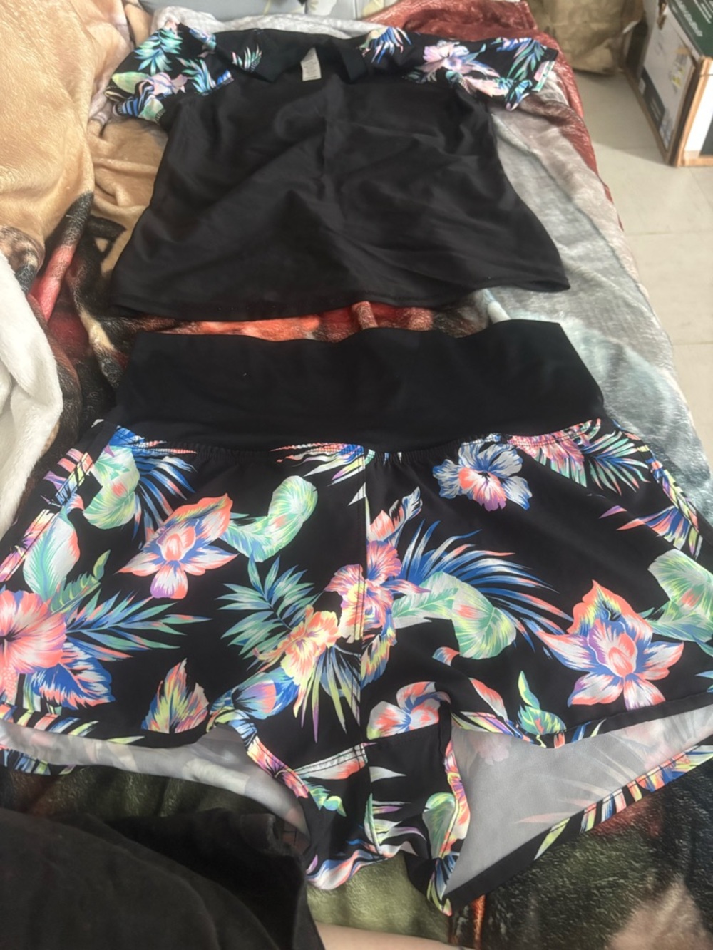 George Black Floral Swim Coverup Set with Multicolor Tropical Print